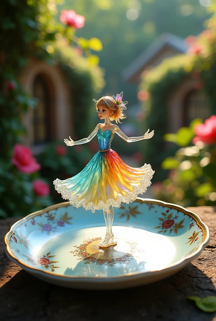 A delicate miniature girl-like figure, fashioned from colorful glass, twirling on an intricately painted porcelain plate, set in a quaint, fairy- tale garden with vibrant flowers and ivy- covered walls. The plate's ornate designs add a touch of elegance, while the garden blooms in a riot of colors, illuminated by soft, dappled sunlight. The figure's pose exudes grace and enchantment, with reflections of light playing off the glass to create a mesmerizing effect. Created Using: fairy-tale aesthetics, close-up photography, vibrant color palette, soft focus, detailed craftsmanship, hd quality, natural look -ar 16:9