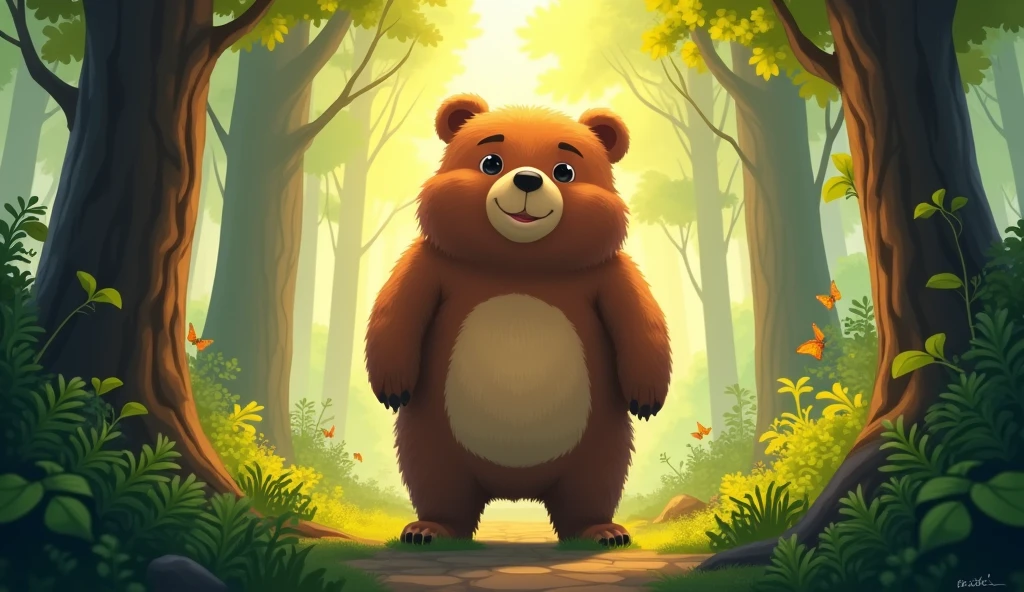 Create an image featuring a large, friendly bear standing in the middle of a lush forest. The bear should have big, soft, and fuzzy hair that looks inviting and warm. It’s surrounded by tall trees, with sunlight filtering through the leaves, casting a warm, golden glow on the scene. The bear should have a curious and gentle expression, as if it’s just been discovered by the viewer. The forest around the bear should be rich with greenery, with details like ferns, bushes, and perhaps some colorful flowers or butterflies, adding to the enchanting and welcoming atmosphere.