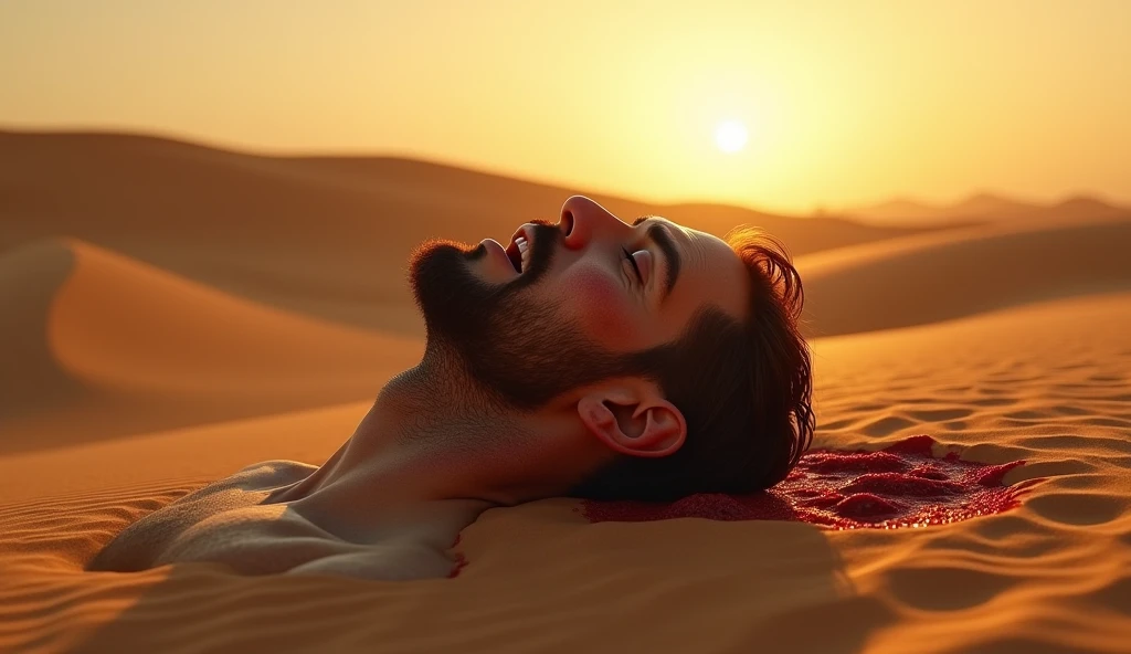 A highly realistic, high-contrast, 8K HD, detailed, hyper-detailed scene set in a desert during sunset. The focus is on the severed head of the protagonist lying on the sand. The head is prominently featured with the cut surface clearly visible, showing the details of the severed neck. Blood is present, adding to the realism of the scene, with streaks and splatters on the sand around the head. The protagonist's expression is frozen in the final moments of shock and realization. The background features the warm, golden light of the setting sun casting long shadows across the sand. The atmosphere is intense and somber, emphasizing the brutal reality of battle.
