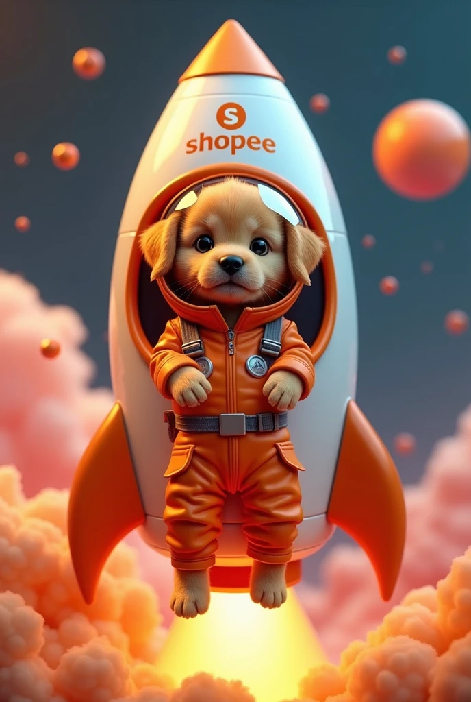 Shopee Written Rocket with a caramel puppy inside the rocket wearing an orange astronaut suit