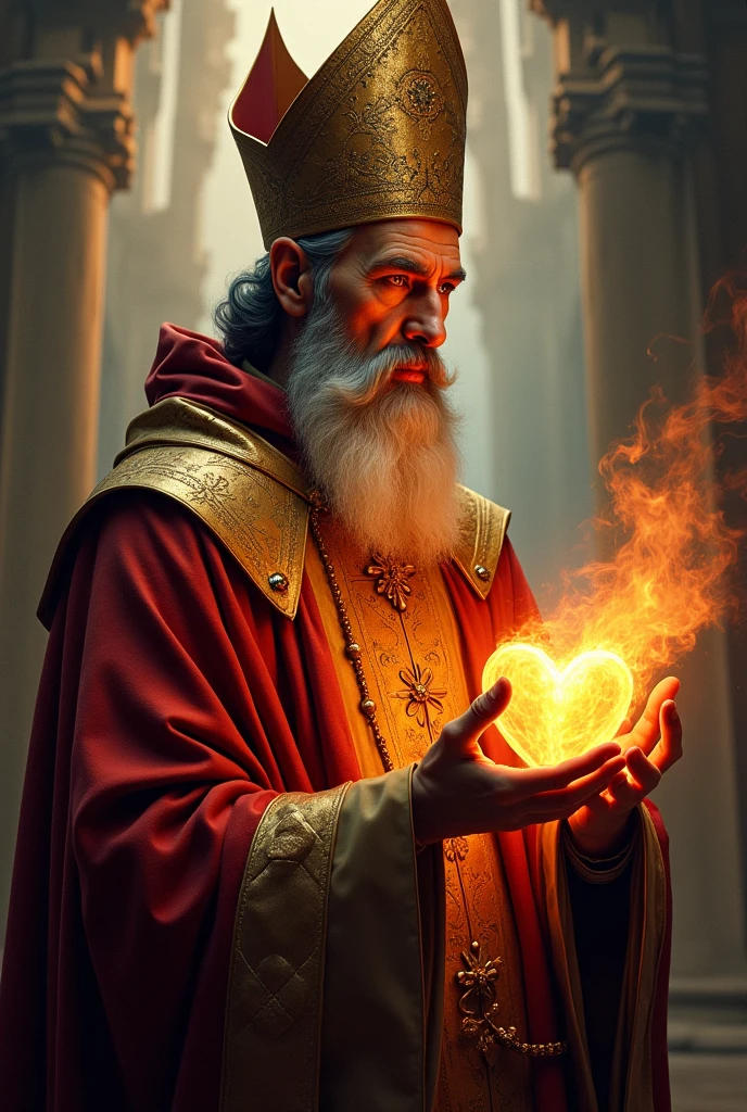 Portray St. Augustine with a deep, contemplative expression, must look 60 years old wearing a rich bishop's robe and a detailed miter on his head. The miter must be clearly visible, with traditional details. He is holding a burning, inflamed heart in one hand and a bishop's crozier in the other. . The background should be celestial and ethereal, with a luminous aura around it and soft lighting that highlights the burning heart, creating an atmosphere of passion and spiritual devotion