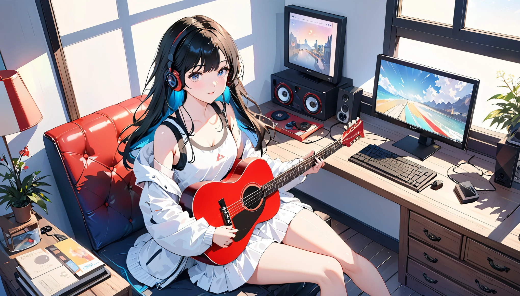 (Absurd:1.1, High resolution:1.1, 超detailed:1.1), 非常にdetailedな, 超detailed hair, (Fine grain:1.4), (Shining Eyes:1.3), thin, cute, Perfectly symmetrical face, narr○w waist, 超cute girl, 超cute face, 超cute, Super beautiful, Beautiful colors, merry (Yanmar gauge),From wlop,((Great quality)), (Beautiful legs), (Beautiful Hair), Black Hair, computer, Beautiful Style (Beautiful colors,detailed,Highest quality,Great quality,so beautiful), guitar, Headphones, Tank top, Jacket, Lighting and Shadows(perspective), Lighting particles, colorful, masterpiece, Very stylish room,