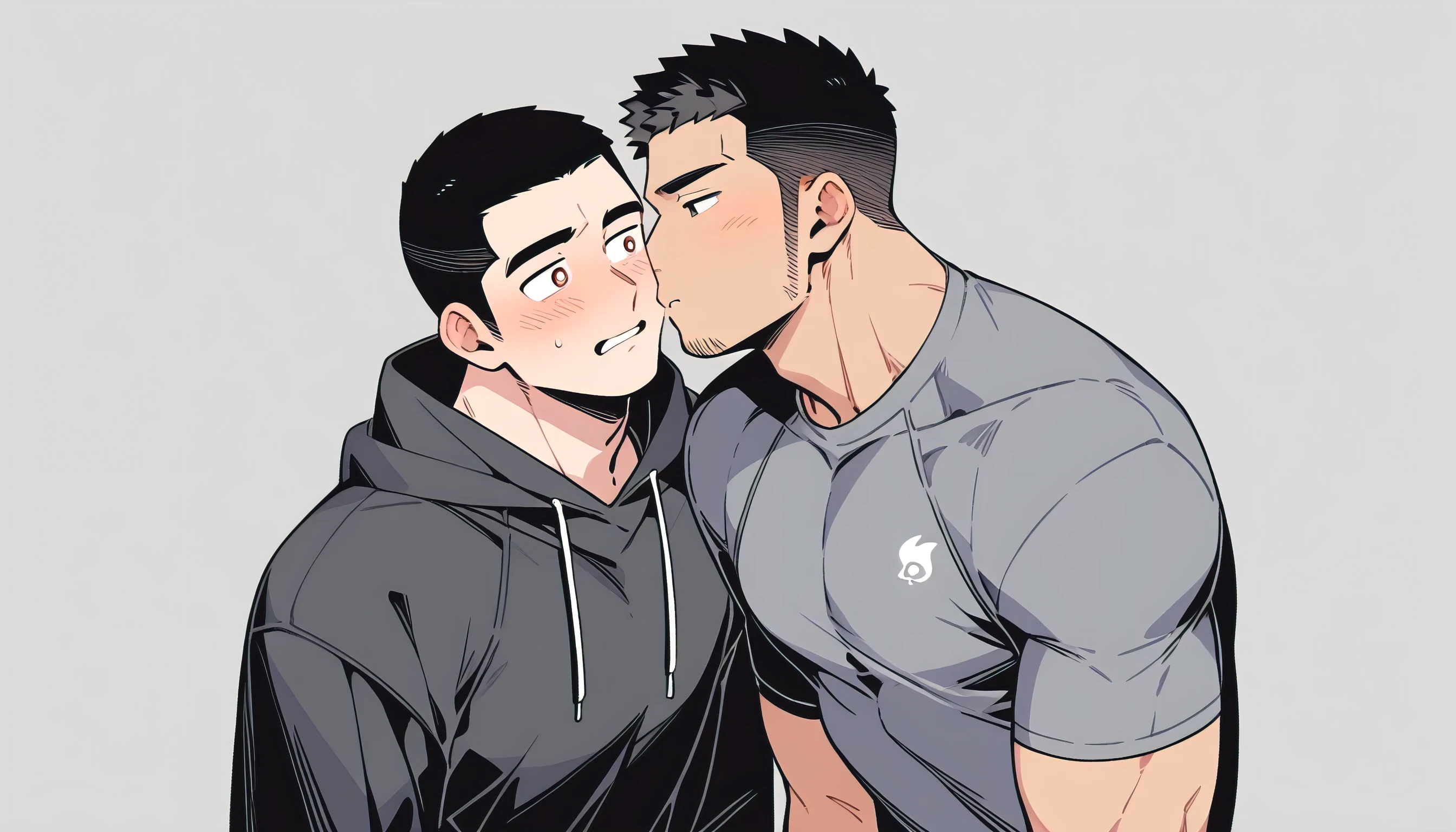 anime characters:Priapus and Dark-skinned muscular athlete, They hugged each other, kiss, Buzz Cut, Manliness, male focus, Sports tight hooded sweatshirt, Very tight, full and perky chest muscles, muscular male, muscular, only, Upper body, alone, Black short hair, Thick eyebrows, stubble, Brown-red pupils, Dark Grey background, simple background, amazing quality, best aesthetics, Ridiculous, crew cut, parted lips, flustered, endured face, shy, blush, negative space, negative space, best quality