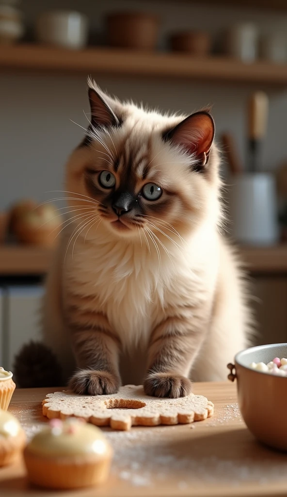 chubby siamese cat,baking cookies,baking cake,covered in flour,decorating baked goods,precision,photorealistic,cinematic lighting,high quality,8k,intricate details,cute,adorable,fluffy,furry,soft,detailed fur,whiskers,paws,beautiful eyes,realistic textures,warm colors,cozy atmosphere,comfortable setting,kitchen interior,countertop,baking utensils,rolling pin,mixing bowl,whisk,icing,sprinkles,clean crisp image,highly detailed