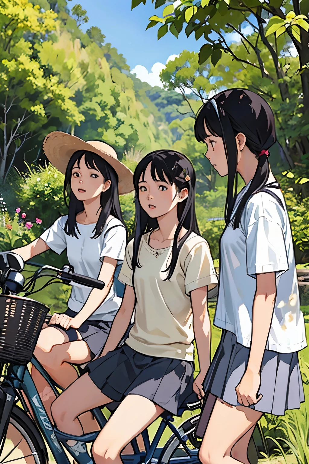 masterpiece, Highest quality,plural, Three Girls, Playing with a bike、Sandals, Black Hair, short hair、Long Hair, Hair ties, hair band, hair ornaments, Straw hat、Shorts, skirt、dappled daylight、Outdoor, nature, wood々、 Grassland、