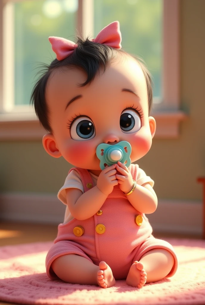 RAISING A 7 MONTH OLD BABY IN DISNEY PIXAR WITH BLACK HAIR BIG BLACK EYES WITH A PACIFIER IN HIS MOUTH IN A PINK FLORAL OVERALL WITH GOLDEN BUTTONS SITTING