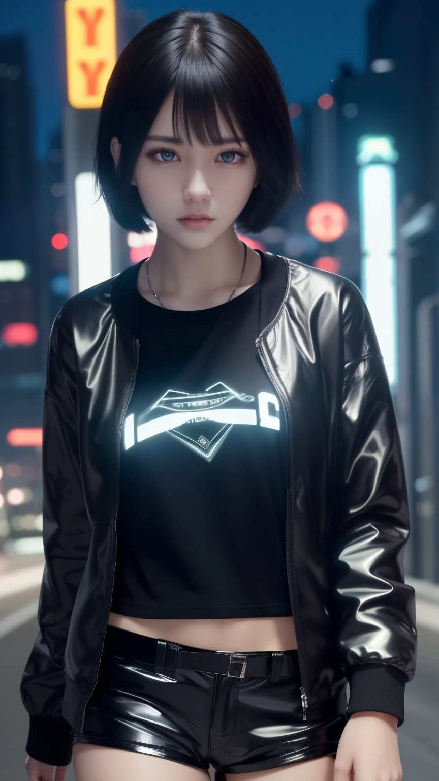 soifon, soifon, short hair, bangs, black hair, short hair with long locks, (black eyes:1.2), small breasts,(slender:1.2),Glare, ((Silver jacket, T-shirt, shorts, cyberpunk style, night city, neon lights:1.2), solo, 
dynamic pose, dynamic angles, looking at viewer,
 (masterpiece best quality, 8k:1.2), high resolution, unity 8k wallpaper, (beautiful detailed eyes:1.2), extremely detailed face, perfect lighting, extremely detailed CG, (perfect hands, perfect anatomy), Detailed eyes, symmetrical eyes,