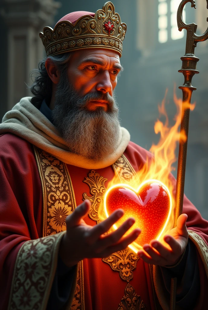 Portray St. Augustine with a deep, contemplative expression, must look 60 years old wearing a rich bishop&#39;s robe and a detailed miter on his head. The miter must be clearly visible, with traditional details. He is holding a burning, inflamed heart in one hand and a bishop&#39;s crozier in the other. . The background should be celestial and ethereal, with a luminous aura around it and soft lighting that highlights the burning heart, creating an atmosphere of passion and spiritual devotion