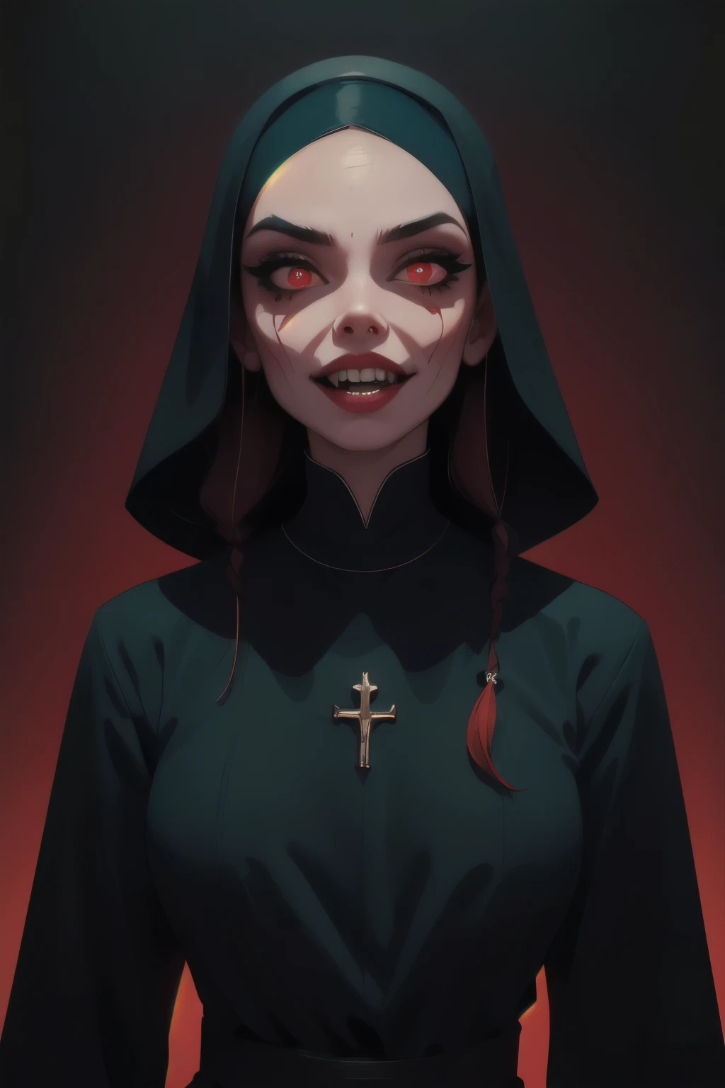 Dollz style. A possessed nun with a sinister smile, red glowing eyes, and pale skin, wearing a traditional black habit. Her teeth are sharp, almost vampiric, with a few missing. Her face is covered in subtle but disturbing details like dark veins and slightly decayed flesh. The background is an ominous, dark green, similar to the neon tone, creating a contrast with her eerie appearance. The lighting casts harsh shadows, emphasizing her menacing expression. The style is hyper-realistic with a glossy finish, capturing the same vibrant and detailed art style as the reference image. Her dark curly hair frames her face, and her hollowed, yet lifelike eyes pierce through the viewer. Small details like glowing symbols and wisps of dark smoke surround her, adding to the chilling atmosphere. (masterpiece: 2), best quality, ultra highres, original, extremely detailed, ((perfect lighting. Cinematic lighting)).