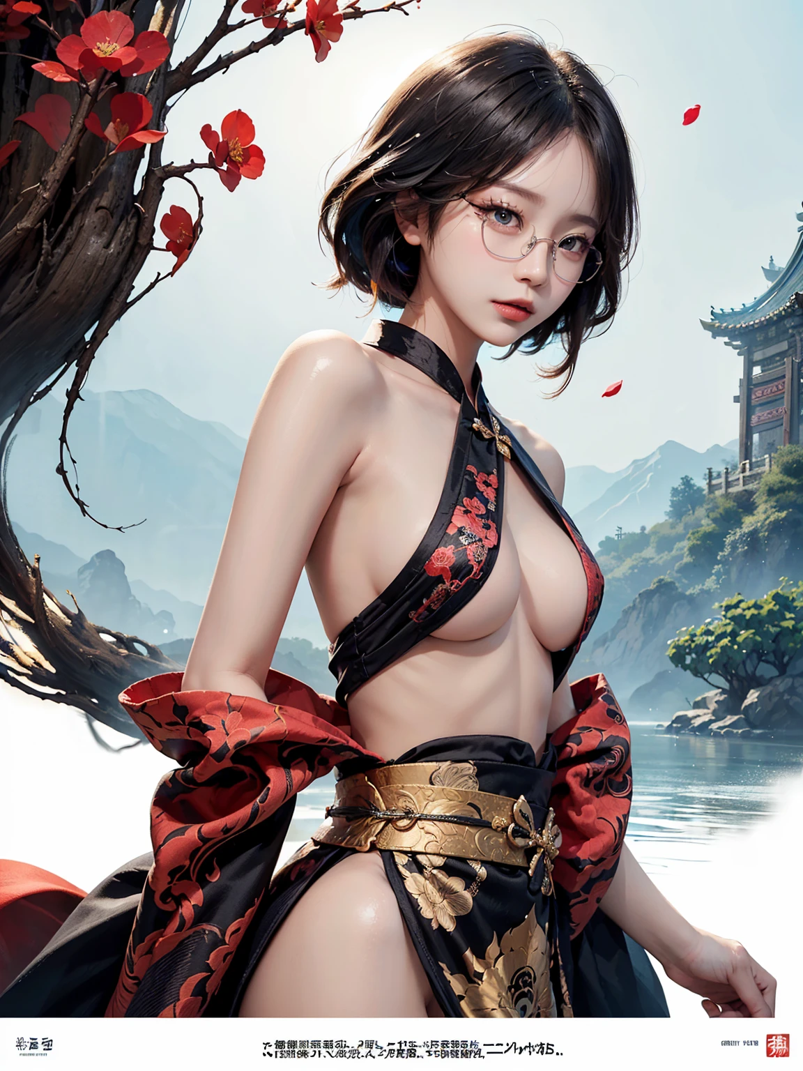 (A Divine Beast), Nine-Tailed Demon Fox, Dynamic Body Type, (Chinese Monster), Elegance, Splashed Ink, Chinese, 1girl, ((Upper Body), ((2.5D)), (sleeveless:1.3), (no sleeves), bare arms, (exposed sideboob), (sideboob:1.3), Floating Hair, Beautiful Eyes, (eyeglasses:1.4), (round eyeglasses:1.4), Delicate Eyes, Delicate Silhouette, Fantasy Art, (Black and Red Antique Brocade Hanfu), FOV, (Masterpiece), Frontal Shot, White Background, (Movie Poster), Sharp Eyelashes, Splash, Cloud, Petals, Empty, Sky, (Wide Angle Lens), Vista