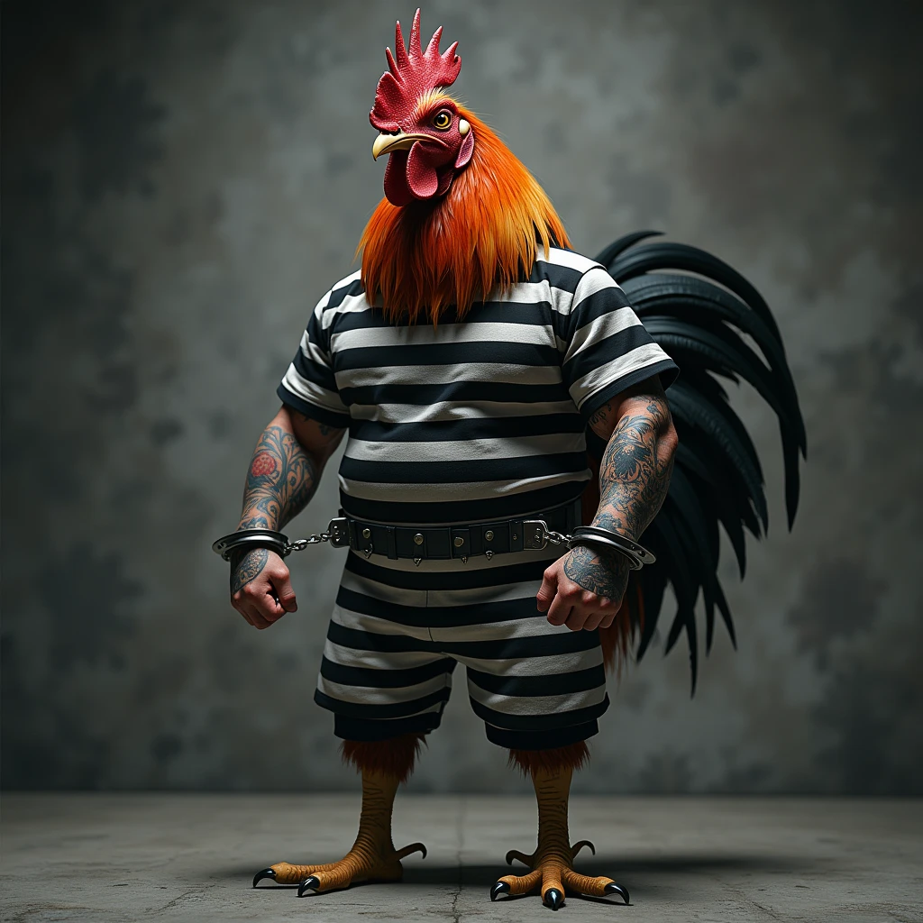 realistic image of a rooster with red orange and black feathers, in black and white striped prison clothes, with tattoos, handcuffed