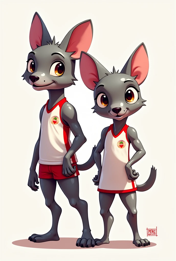 Create me a 2d digital sketch for the mascots of the Pan American Games Peru 2027 inspired by the Peruvian dog, the viringo or peruvian hairless dog. Remember to replicate the features of the dog that is gray, put him doing some sport, I wish the form to be very cartoonish, that their clothes are only white and red, Don't make him muscular, just nice and fun
