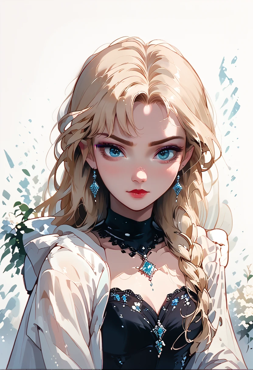 (best quality, masterpiece), 1girl, upper body, looking at the viewer, frozen, Elsa, white background