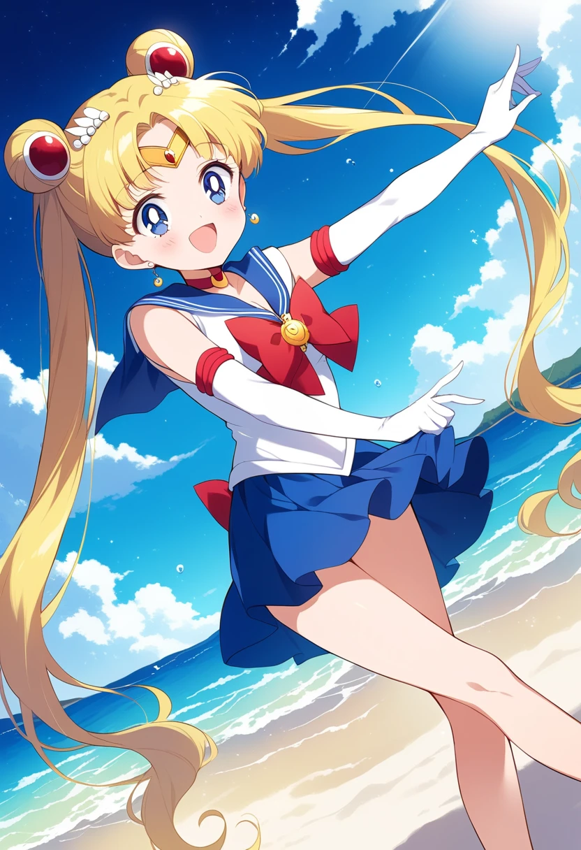 Anime illustration aausagi, long hair, double bun, twintails, parted bangs, tiara, earrings, Blue eyes, red choker, blue sailor collar, red bow, white shirt, elbow gloves, white gloves, blue skirt, blush, Cute Smile　Open your mouth, Are standing, ( She walked along the moonlit beach, her bare feet touched the water, and she came closest to that smile), barefoot,　Two Arms, (cinematic angle:1.1),