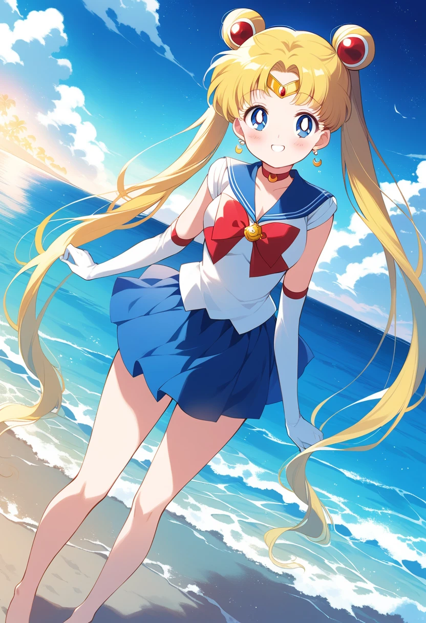Anime illustration aausagi, long hair, double bun, twintails, parted bangs, tiara, earrings, Blue eyes, red choker, blue sailor collar, red bow, white shirt, elbow gloves, white gloves, blue skirt, blush, Cute Smile Open your mouth, Are standing, ( She walked along the moonlit beach, her bare feet touched the water, and she came closest to that smile), barefoot, Two Arms, (cinematic angle:1.1),