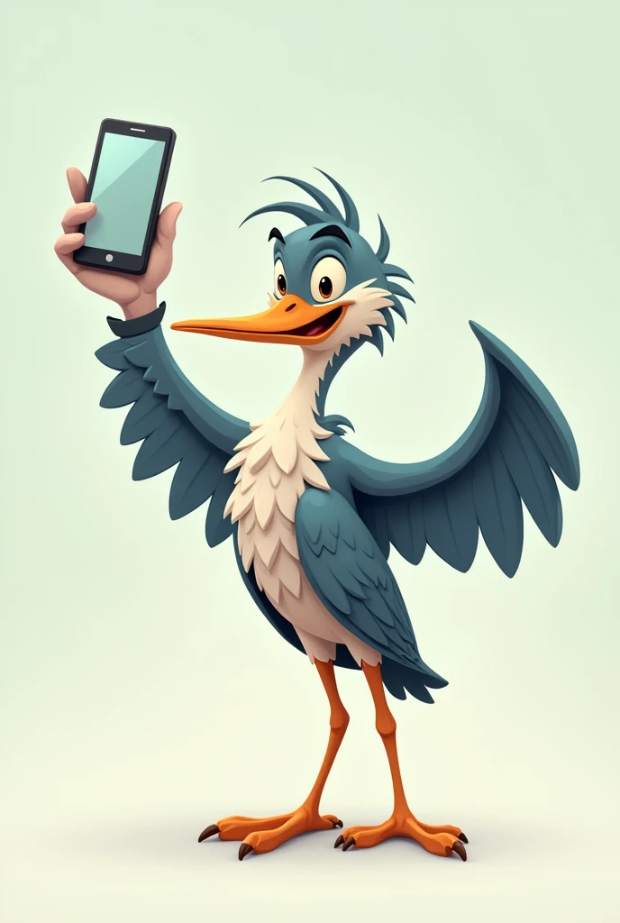 Animated heron with cell phone taking a selfie