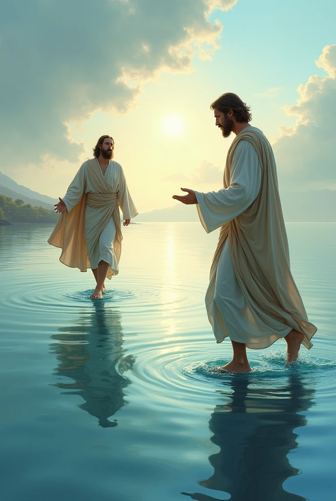 Create a drawing illustration of adult Peter going to meet adult Jesus on the water