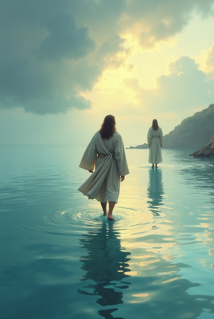 Create a drawing illustration of adult Peter going to meet adult Jesus on the water