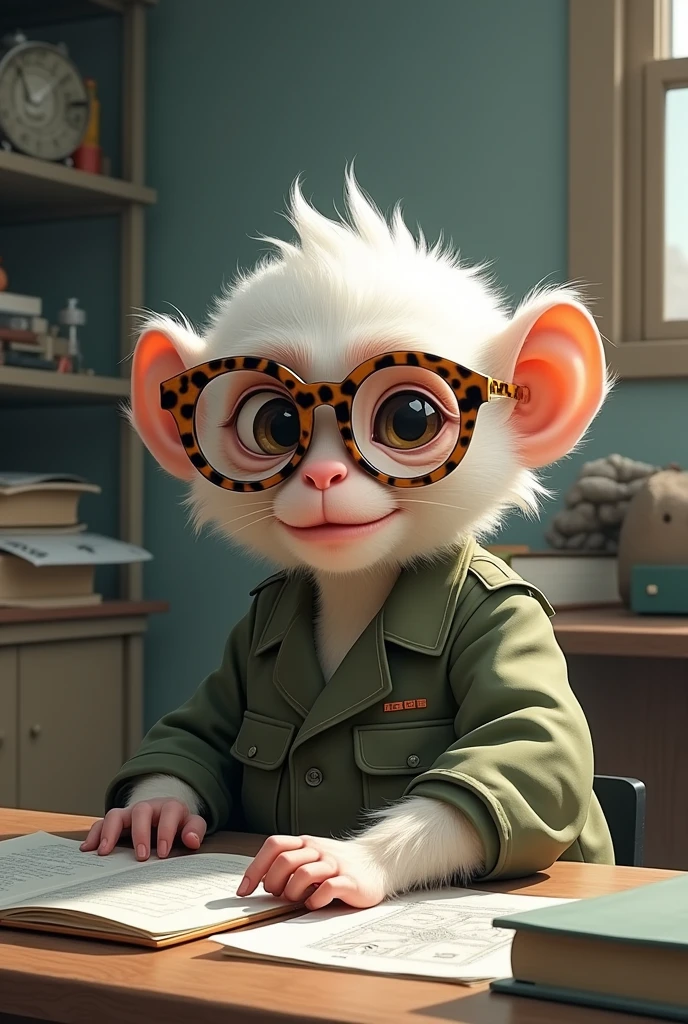 Nerdy albino monkey with leopard-print glasses and studies at the Military School of the Bombing Corps