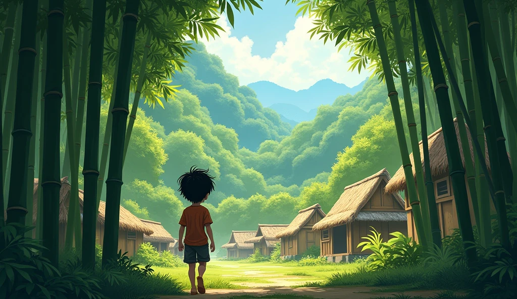 The Quiet Village and Bamboo ForestA small, peaceful village surrounded by towering bamboo trees at the edge of a vast forest. A young boy, around , with dark hair and simple clothing, is walking curiously towards the forest. The scene has soft, warm sunlight filtering through the bamboo, casting long shadows on the ground.