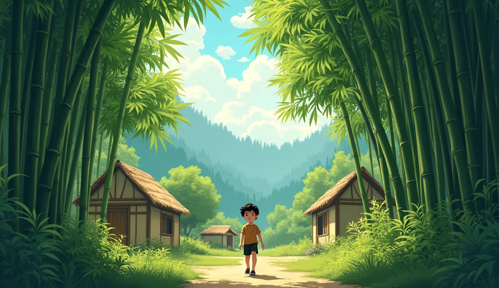 The Quiet Village and Bamboo ForestA small, peaceful village surrounded by towering bamboo trees at the edge of a vast forest. A young boy, around , with dark hair and simple clothing, is walking curiously towards the forest. The scene has soft, warm sunlight filtering through the bamboo, casting long shadows on the ground.