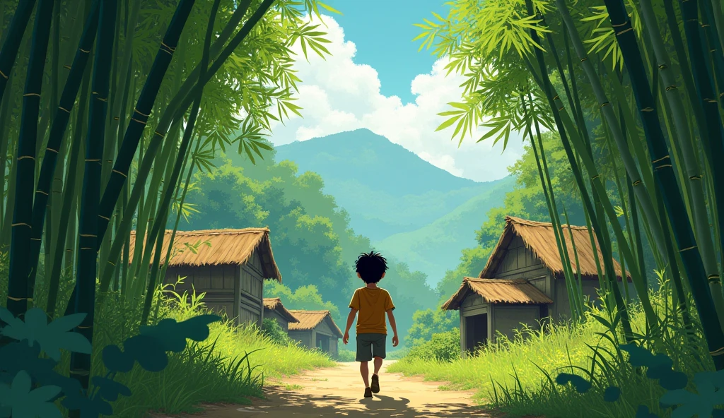 The Quiet Village and Bamboo ForestA small, peaceful village surrounded by towering bamboo trees at the edge of a vast forest. A young boy, around , with dark hair and simple clothing, is walking curiously towards the forest. The scene has soft, warm sunlight filtering through the bamboo, casting long shadows on the ground.