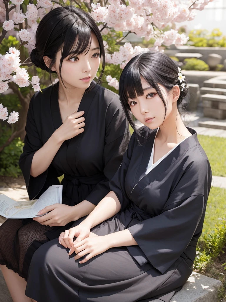 A black-haired Japanese woman sitting under the sunlight in spring