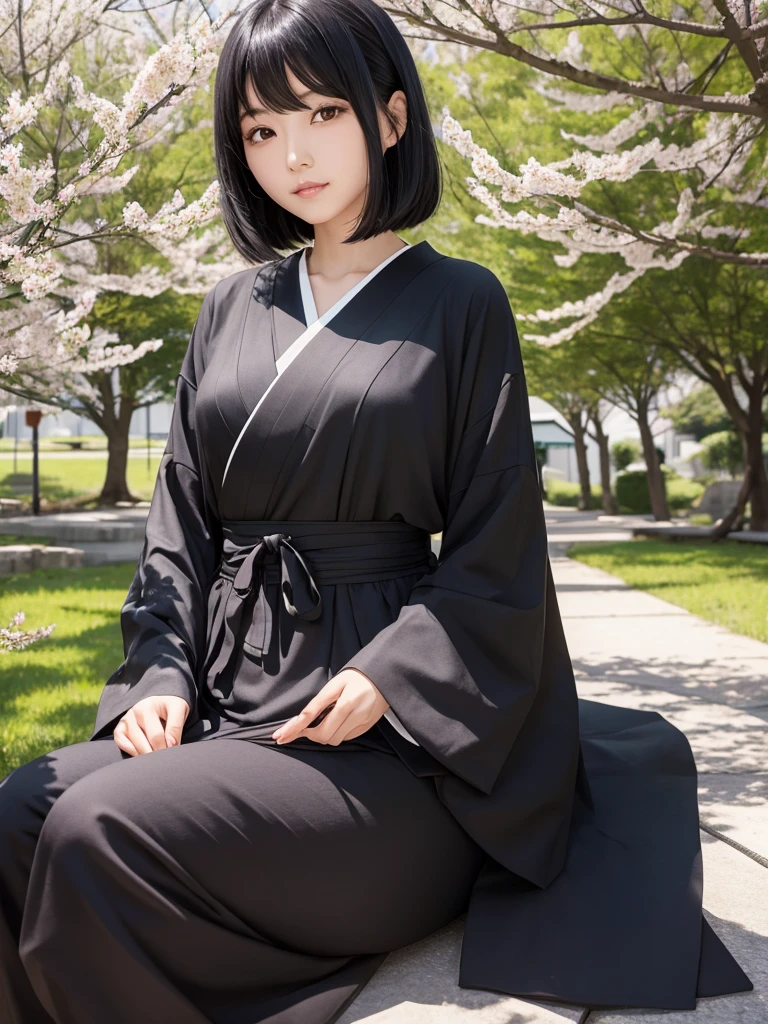 A black-haired Japanese woman sitting under the sunlight in spring