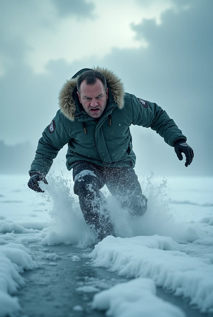 A man slipping on ice, photorealistic, cinematic lighting, snow and ice covered landscape, dramatic action pose, detailed facial features, high contrast, icy cold atmosphere, dramatic cloudy sky, depth of field, 8k, intricate details, hyper realistic, dramatic lighting, award winning photography