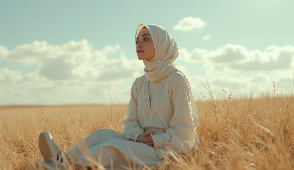 a woman wearing a hijab and blouse and long skirt, wearing sneakers, sitting relaxed in the grassland the dry, barren sky and clouds are visible