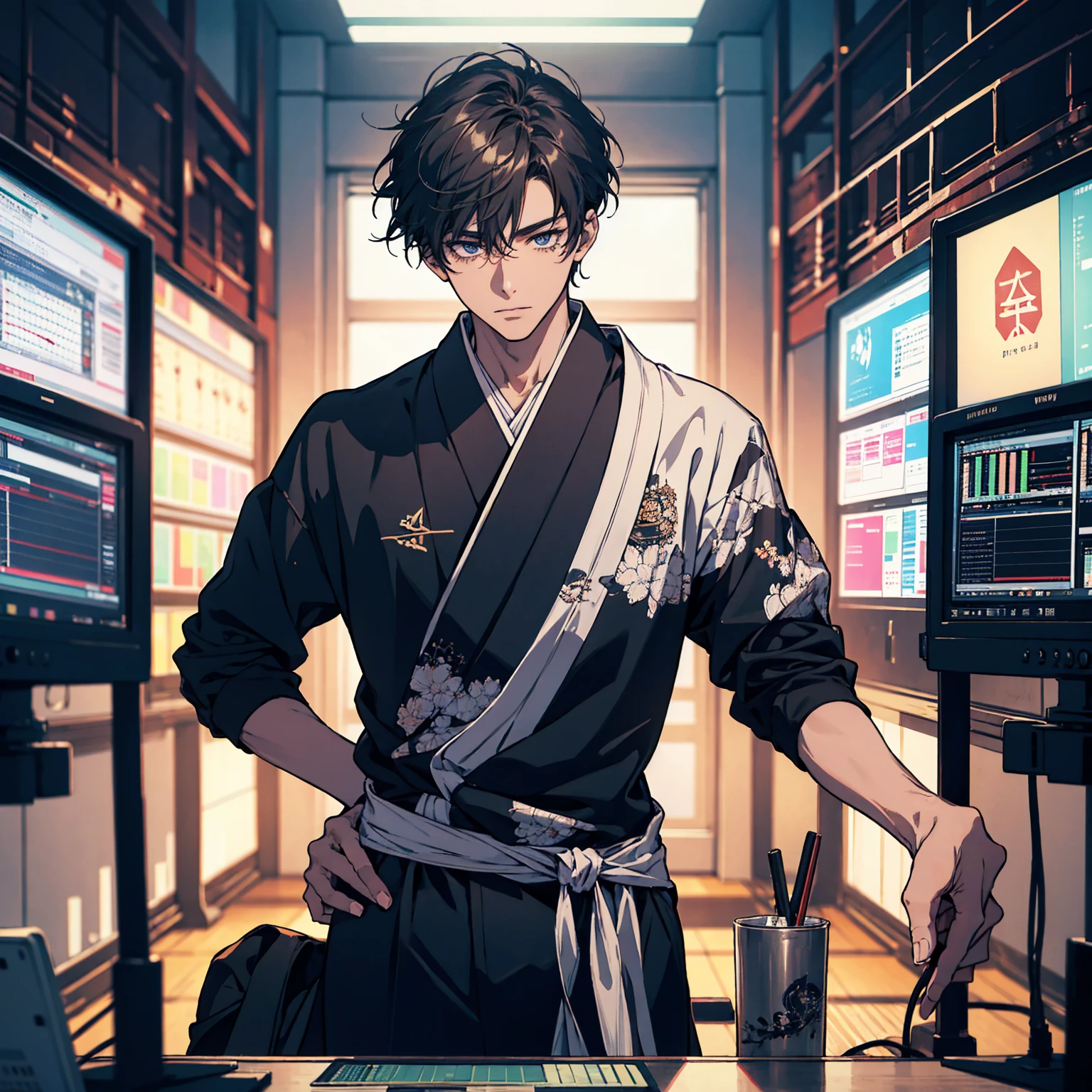 Full-bodied young man in street fashion looking at a chart screen in a forex trading room.
Make an illustration in Japanese anime style.