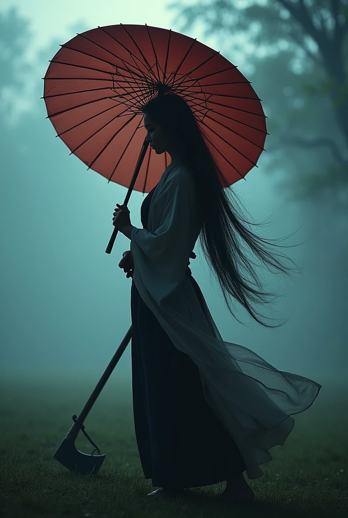 Samurai girl holding a big umbrella,There is a group of shadows behind,Long hair,FOG,wind,night,noon,bamboo,Grass on the ground,Mud on the ground,Film Grain,,traditional japanese art,East,Movie,An axe,Ghost of Tsushima,Handmade,新艺术wind格,detailed, Sexy, nsfw detailed beauty face, full-body shot
