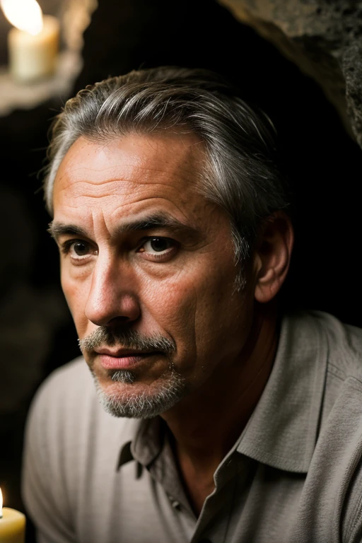 photograph of a man, (disturbed facial expression), texturized skin, shiver,gray hair , dark-skinned, goatee, greeneyes, white polo shirt, , cowboy shot, dark and mysterious cave with unique rock formations and hidden wonders, perfects eyes, (candle light,Bright dark), Support 160 colors, Shot on ARRI ALEXA 65, bokeh, sharp focus on the subject, filmed by Don McCullin