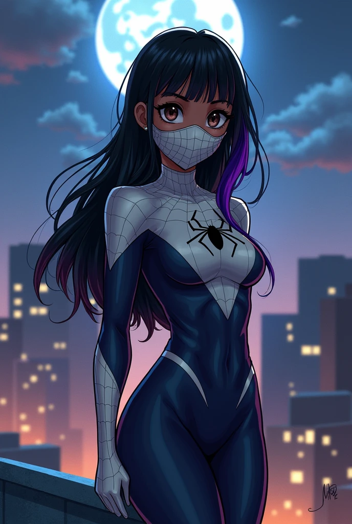 A Brazilian girl with dark brown skin color similar to the sunset, long black hair with a purple streak on the side of the hair and a fringe covering half of the forehead, dark brown eyes shining in the night sky of a brightly lit city, body with pronounced curves, thin face with big cheeks and a sweet and cute look, wearing the Spider-Woman costume *SILK* white and black with web patterns covering the suit and a spider symbol on the chest, and a white mask with a web pattern covering his entire mouth, hanging from the top of a building looking for bandits to stop, standing next to a cloud-covered full moon