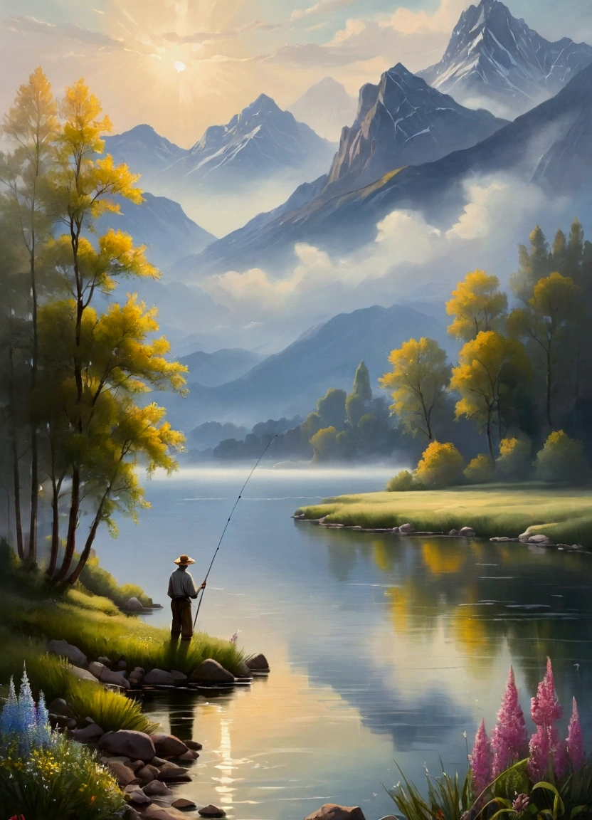 traditional oil paintings, A peaceful lake，Calm waters，Mountains in the background，Misty atmosphere，Sunlight through the clouds，Wildflowers around the lake，A  man standing on the shore fishing scene，Natural Tones, Superb composition，Elegant simplicity，Smooth Shadows, meditative mood，masterpiece, best quality,