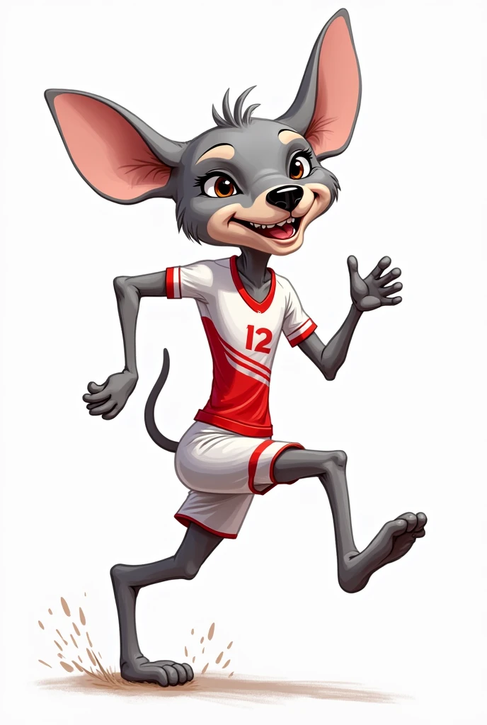 Create me a vector sketch in strokes for the mascots of the Pan American Games Peru 2027 inspired by the Peruvian dog, the viringo or peruvian hairless dog. Remember to replicate the features of the dog that is gray, put him doing some sport, I wish the form to be very cartoonish, that their clothes are only white and red, Don&#39;t make him muscular, just nice and fun 