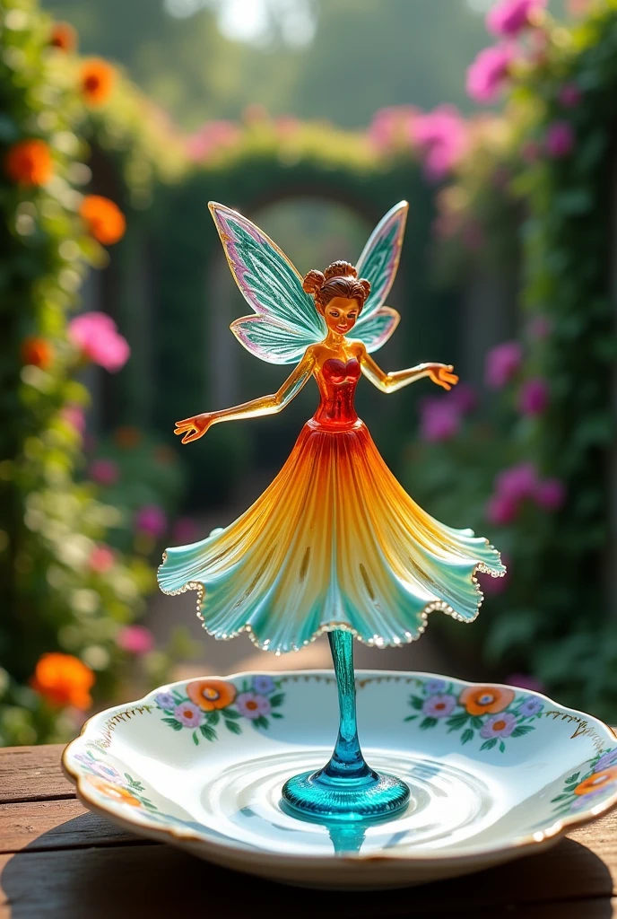 A delicate miniature girl-like figure, fashioned from colorful glass, twirling on an intricately painted porcelain plate, set in a quaint, fairy- tale garden with vibrant flowers and ivy- covered walls. The plate's ornate designs add a touch of elegance, while the garden blooms in a riot of colors, illuminated by soft, dappled sunlight. The figure's pose exudes grace and enchantment, with reflections of light playing off the glass to create a mesmerizing effect. Created Using: fairy-tale aesthetics, close-up photography, vibrant color palette, soft focus, detailed craftsmanship, hd quality, natural look -ar 16:9