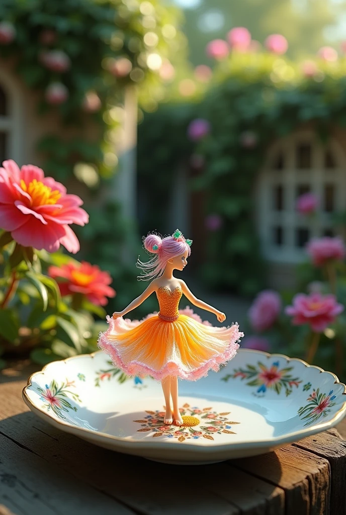 A delicate miniature girl-like figure, fashioned from colorful glass, twirling on an intricately painted porcelain plate, set in a quaint, fairy- tale garden with vibrant flowers and ivy- covered walls. The plate's ornate designs add a touch of elegance, while the garden blooms in a riot of colors, illuminated by soft, dappled sunlight. The figure's pose exudes grace and enchantment, with reflections of light playing off the glass to create a mesmerizing effect. Created Using: fairy-tale aesthetics, close-up photography, vibrant color palette, soft focus, detailed craftsmanship, hd quality, natural look -ar 16:9