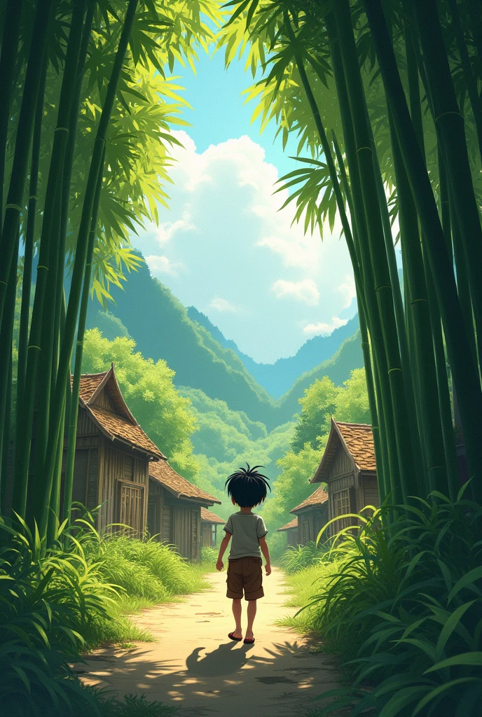 The Quiet Village and Bamboo ForestA small, peaceful village surrounded by towering bamboo trees at the edge of a vast forest. A young boy, around , with dark hair and simple clothing, is walking curiously towards the forest. The scene has soft, warm sunlight filtering through the bamboo, casting long shadows on the ground.