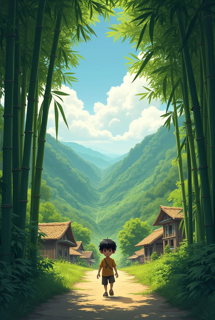 The Quiet Village and Bamboo ForestA small, peaceful village surrounded by towering bamboo trees at the edge of a vast forest. A young boy, around , with dark hair and simple clothing, is walking curiously towards the forest. The scene has soft, warm sunlight filtering through the bamboo, casting long shadows on the ground.