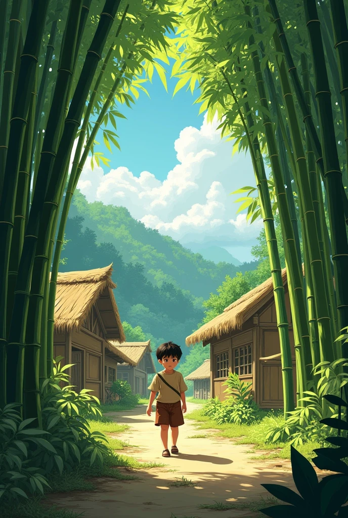 The Quiet Village and Bamboo ForestA small, peaceful village surrounded by towering bamboo trees at the edge of a vast forest. A young boy, around , with dark hair and simple clothing, is walking curiously towards the forest. The scene has soft, warm sunlight filtering through the bamboo, casting long shadows on the ground.