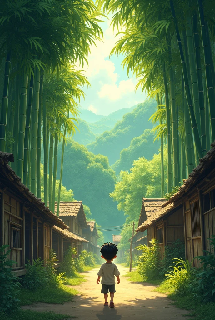 The Quiet Village and Bamboo ForestA small, peaceful village surrounded by towering bamboo trees at the edge of a vast forest. A young boy, around , with dark hair and simple clothing, is walking curiously towards the forest. The scene has soft, warm sunlight filtering through the bamboo, casting long shadows on the ground.
