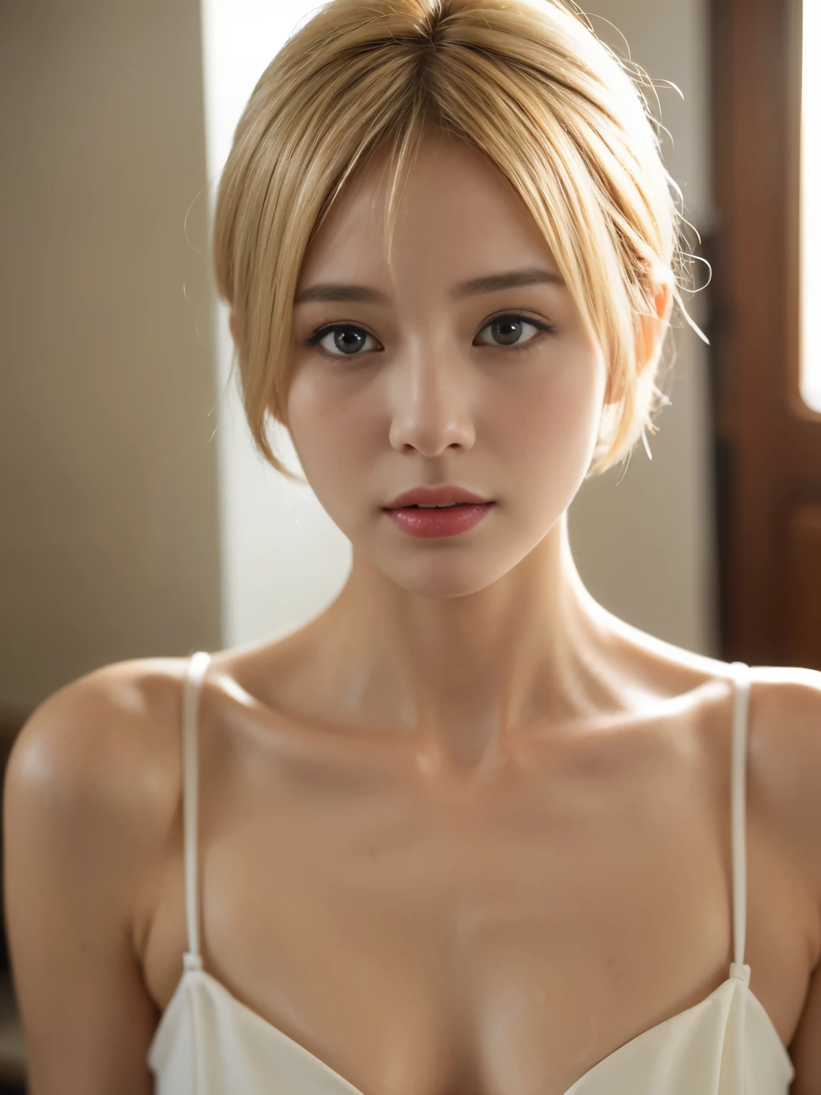 (Realistic:1.4)、(超Realistic:1.4)、(Realistic:1.3)、(Gentle lighting:1.05)、(Improving cinema lighting:0.9)、32K ...、（Blonde Short Hair:0.9）one person&#39;s、Realisticな照明、Backlight、Ray Tracing、(Image Enhancement:1.4)、(Highest Quality Real Skin:1.4)、(Beautiful skin texture: 1.1)、（Japanese:1.2）、（Black latex suit 1.5）、Shoulder out、Underarm、Black latex gloves、（standard body type:1.2）、Curvaceous body, White Background, big, Every detail