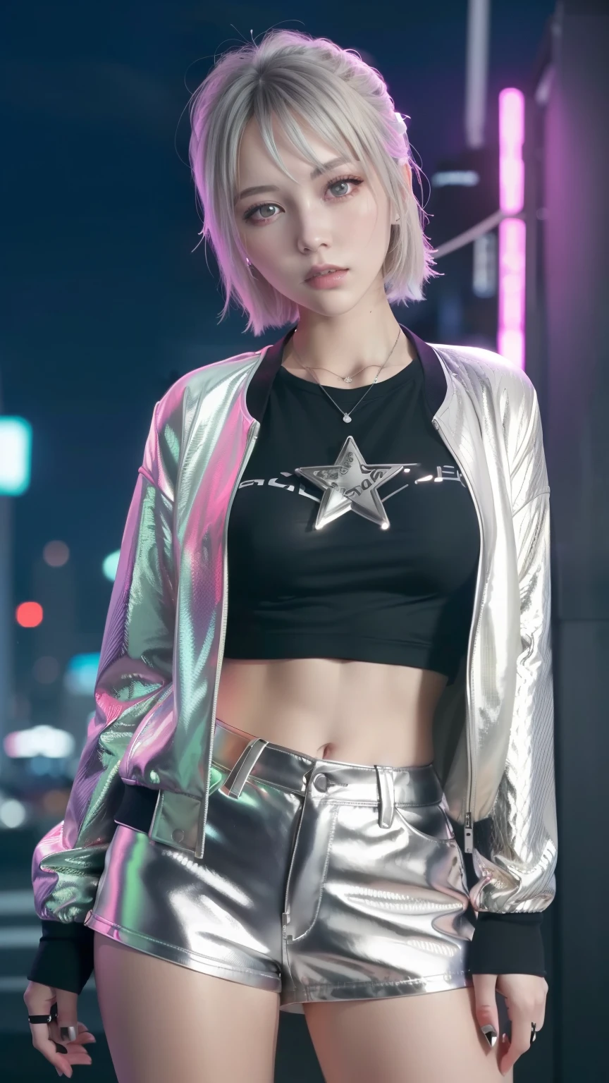 (Best Quality, 8K, High Resolution, Masterpiece: 1.2), High Definition, Solo, Girl, (Silver jacket, T-shirt, shorts, cyberpunk style, night city, neon lights:1.2), Large Medium Tits, Solo, Stylish Pose, Stylish Angle, Viewing Cowboy shot in the center of the image, Detailed eyes, symmetrical eyes,