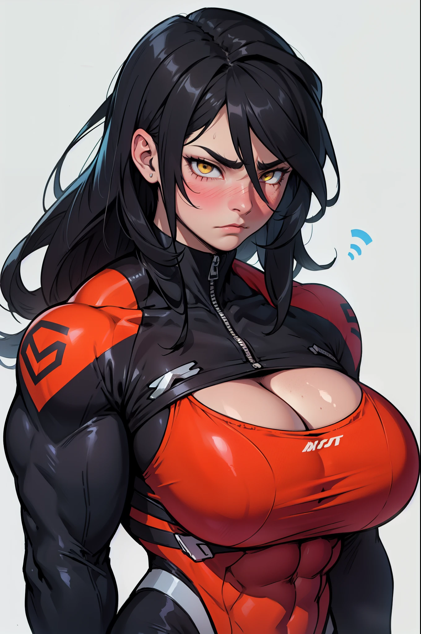 massive breasts huge breasts ((((muscular girl)))) ((((muscular girl)))) ((((muscular girl)))) toned body skinsuit long hair black hair yellow eyes pale skin serious look empty eyes sad frown light blush embarrassed