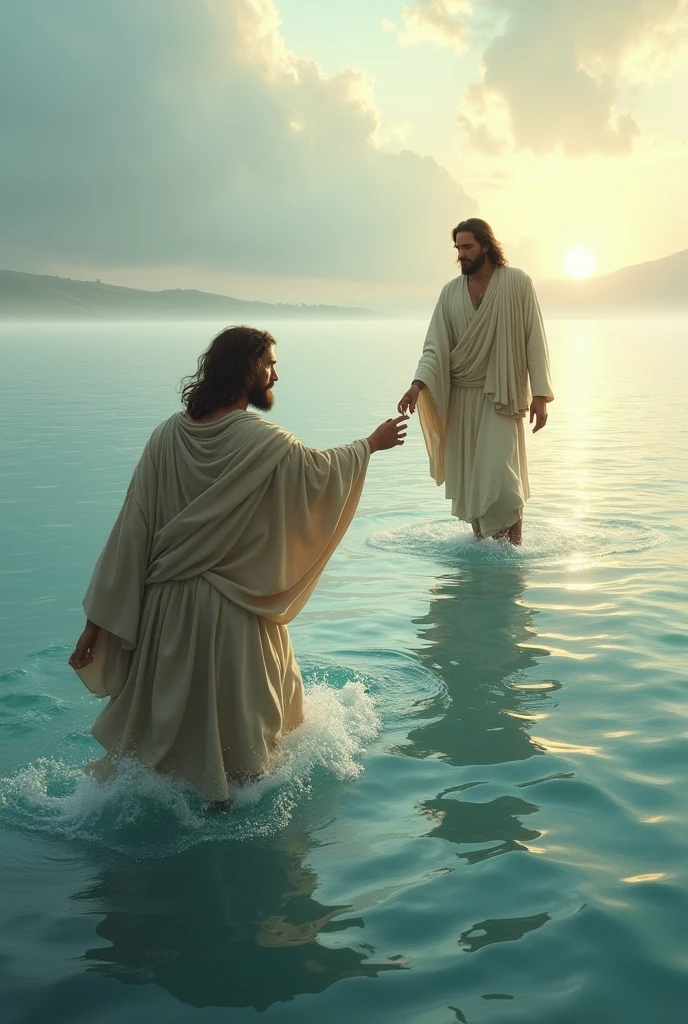 Create a drawing of adult Peter going to meet adult Jesus on the water