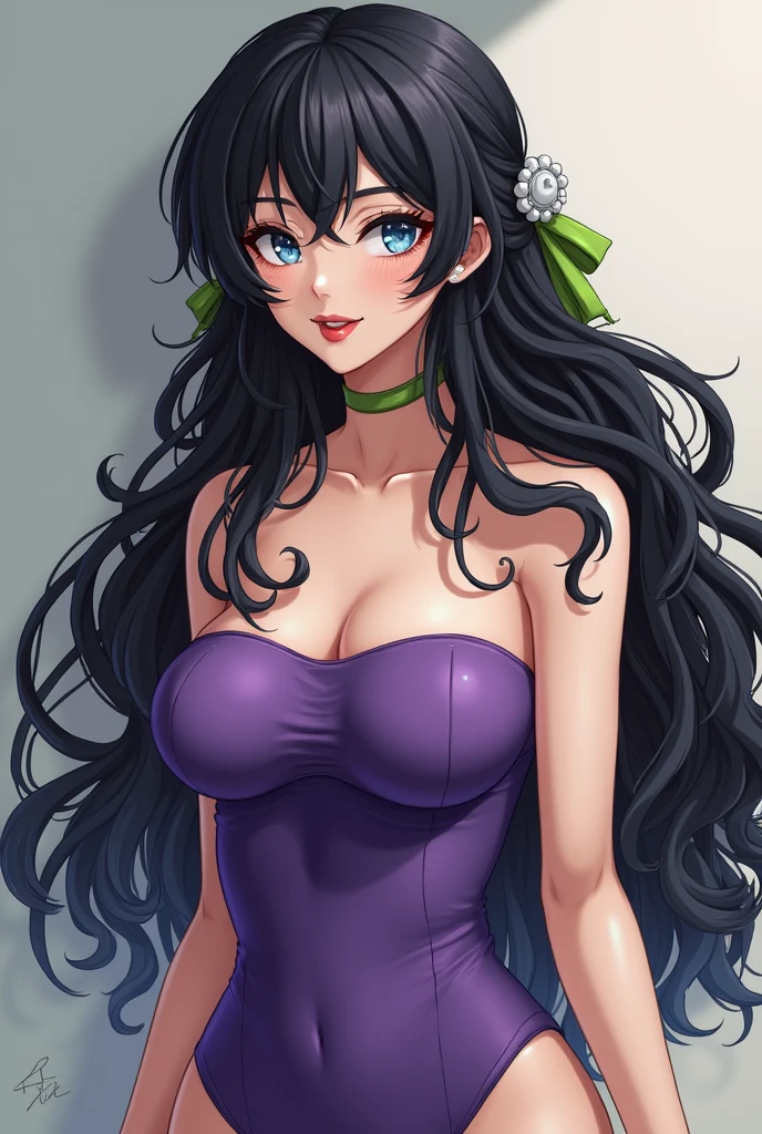 ((masterpiece)), Highest quality, Very detailed, Absurd, 8K, wonderful, Very detailed, The finer details, Browsing Caution, (Very complicated:1.2), (Very delicate), Very detailed, RuiKisugi, 1 Female, Long Hair, Wavy Hair, Black Hair, eyelash, blue eyes, lipstick, Purple bodysuit, Strapless, No sleeve, Green sash, One girl, (whole body:1.2), (Finding_stance:1.3), Very detailed face, Nice fine detail, Perfect Eyes, Fascinating eyes, Beautiful attention to detail, Small Mouth, Fascinating_smile, Mature Woman, Mature Woman, Body with nine heads, thin, compensate, Large Breasts, (museum:1.3), (Urzan-6500-v1.1), Detailed fingers, Perfect hands, wide hips