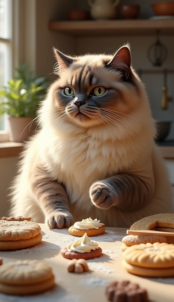 giant fat cat siamese cat,baking cookies,baking cake,covered in flour,decorating baked goods,precision,photorealistic,cinematic lighting,high quality,8k,intricate details,cute,adorable,fluffy,furry,soft,detailed fur,whiskers,paws,beautiful eyes,realistic textures,warm colors,cozy atmosphere,comfortable setting,kitchen interior,countertop,baking utensils,rolling pin,mixing bowl,whisk,icing,sprinkles,clean crisp image,highly detailed