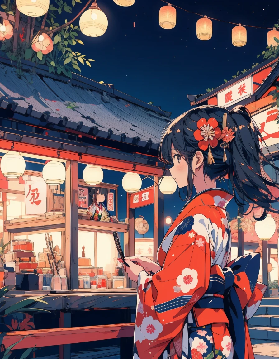 Ultra-precision,4K,official,Drawing four different types of kimono girls,The background is night,Japanese Festivals,stall