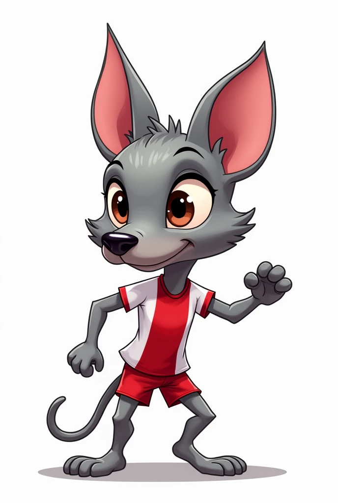 Create me a vector sketch in strokes for the mascots of the Pan American Games Peru 2027 inspired by the Peruvian dog, the viringo or peruvian hairless dog. Remember to replicate the features of the dog that is gray, put him doing some sport, I wish the form to be very cartoonish, that their clothes are only white and red, Don&#39;t make him muscular, just nice and fun 